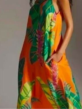 FARM RIO Anthropologie Orange Tropical Leaf Shell with Green and Blue Accents